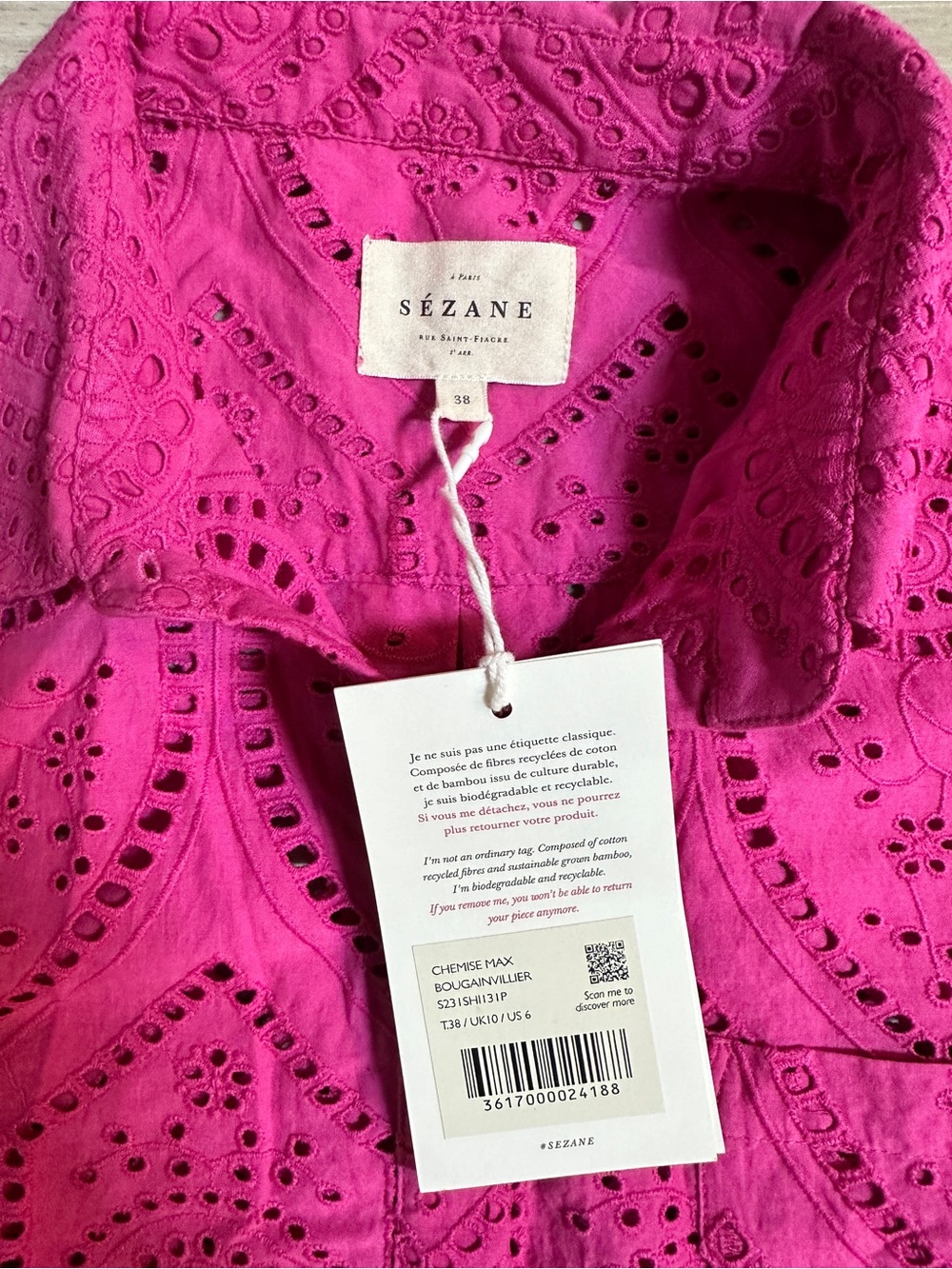 NWT SEZANE Max Magenta Pink Eyelet Long Sleeve Button-Up Shirt, US 6 / FR 38 - Picture 6 of 10